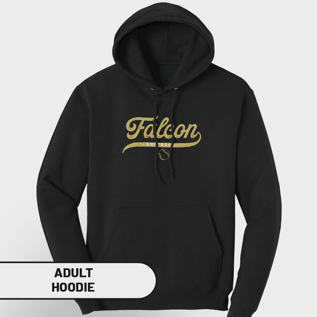 Black adult hoodie with "Falcon Softball" text and softball graphic.