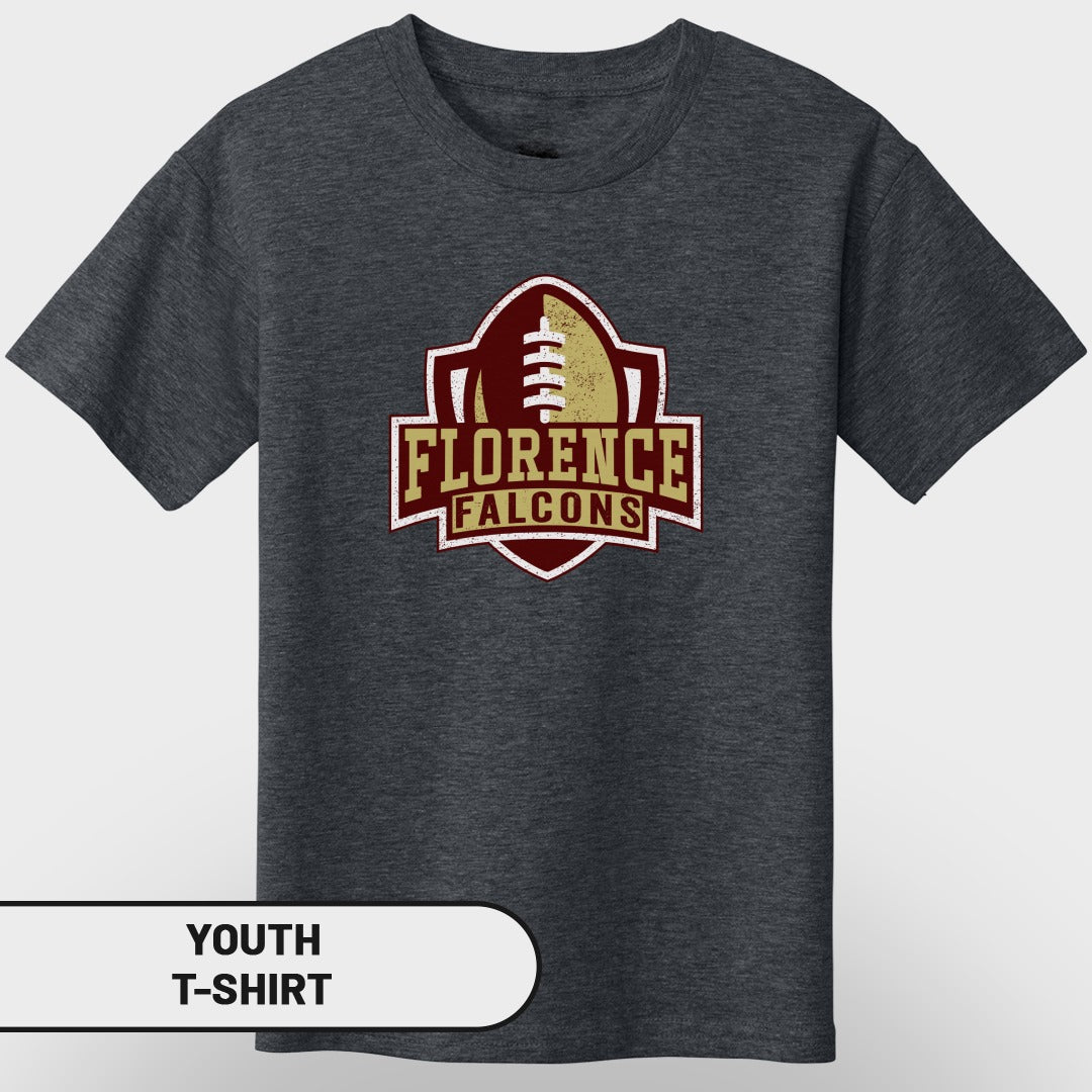 Youth dark grey t-shirt with "Florence Falcons" football logo.