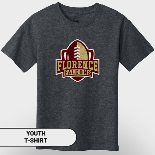 Youth dark grey t-shirt with "Florence Falcons" football logo.