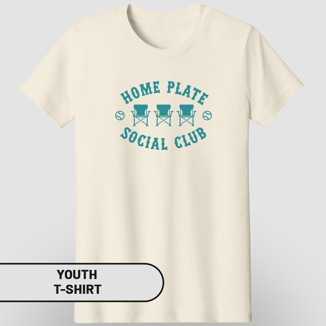 Cream t-shirt with "Home Plate Social Club" text and two chairs.