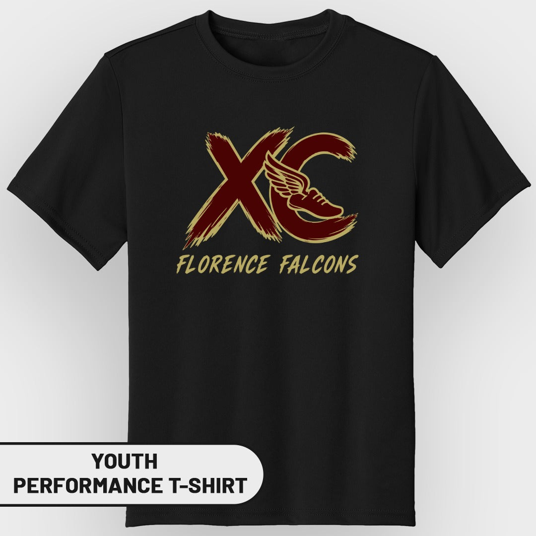 Black youth performance t-shirt with Florence Falcons XC logo and text.
