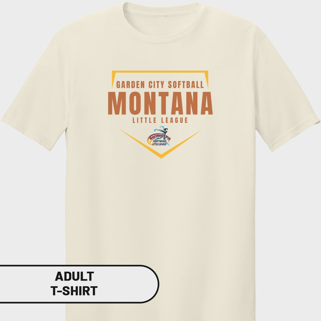 Cream t-shirt with "Garden City Softball Montana Little League" graphic.