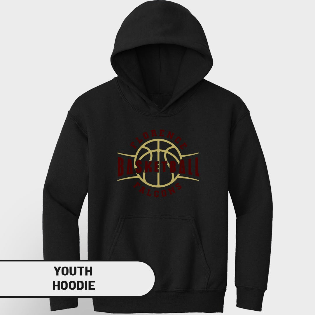 Black youth hoodie with Florence Basketball Falcons logo.