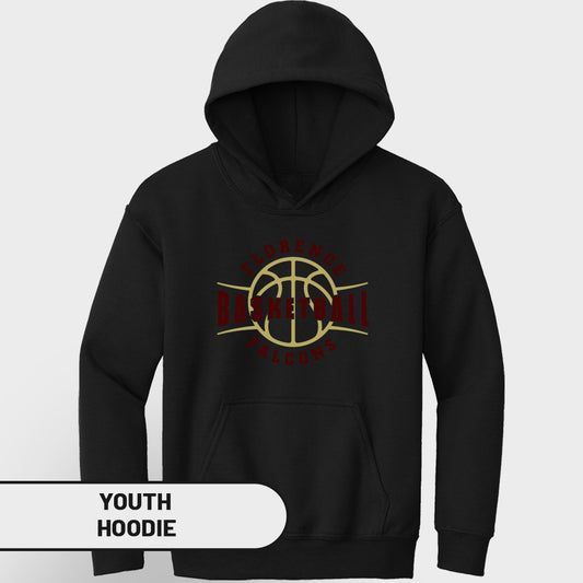 Black youth hoodie with Florence Basketball Falcons logo.