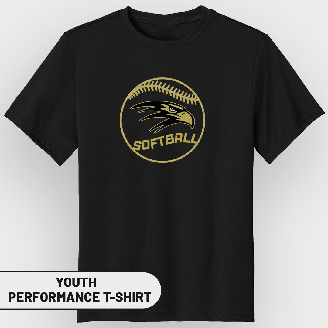 Black youth performance t-shirt with gold eagle and softball graphic.
