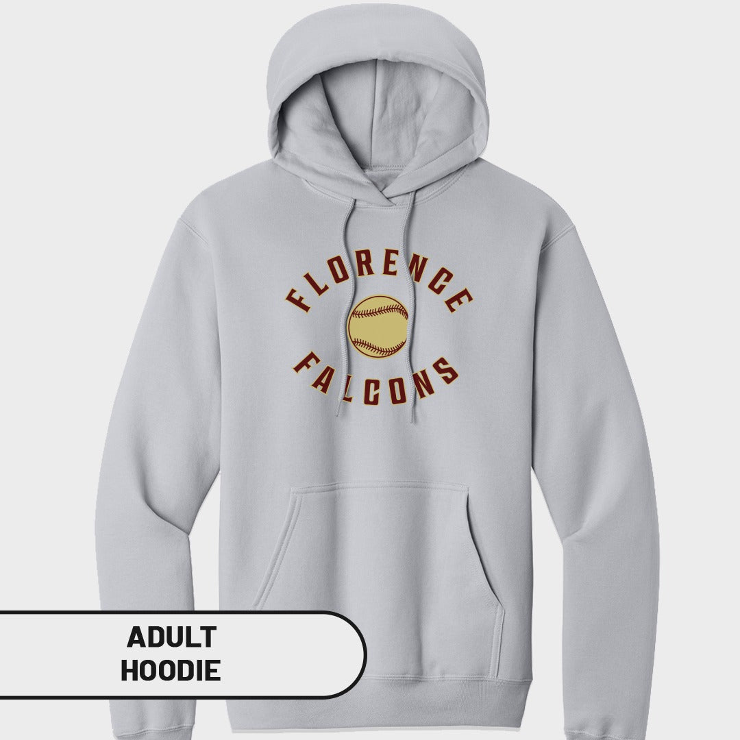 Light grey adult hoodie with Florence Falcons baseball graphic and text.