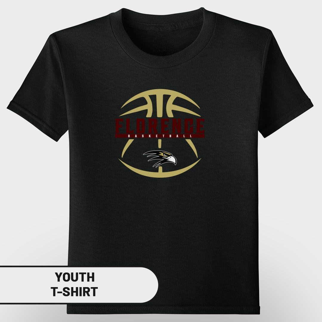 Black youth t-shirt with a basketball graphic and eagle logo.
