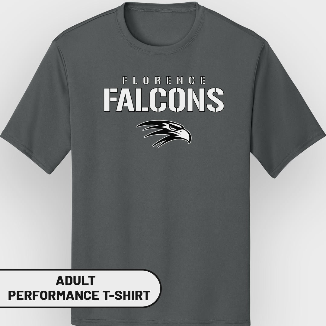 Dark grey adult performance t-shirt with Florence Falcons text and falcon graphic.