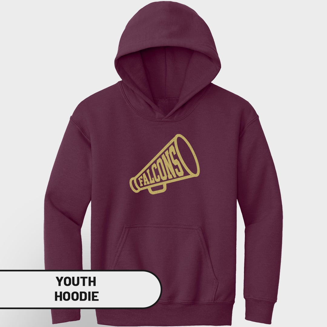 Maroon youth hoodie with gold megaphone graphic reading "FALCONS".