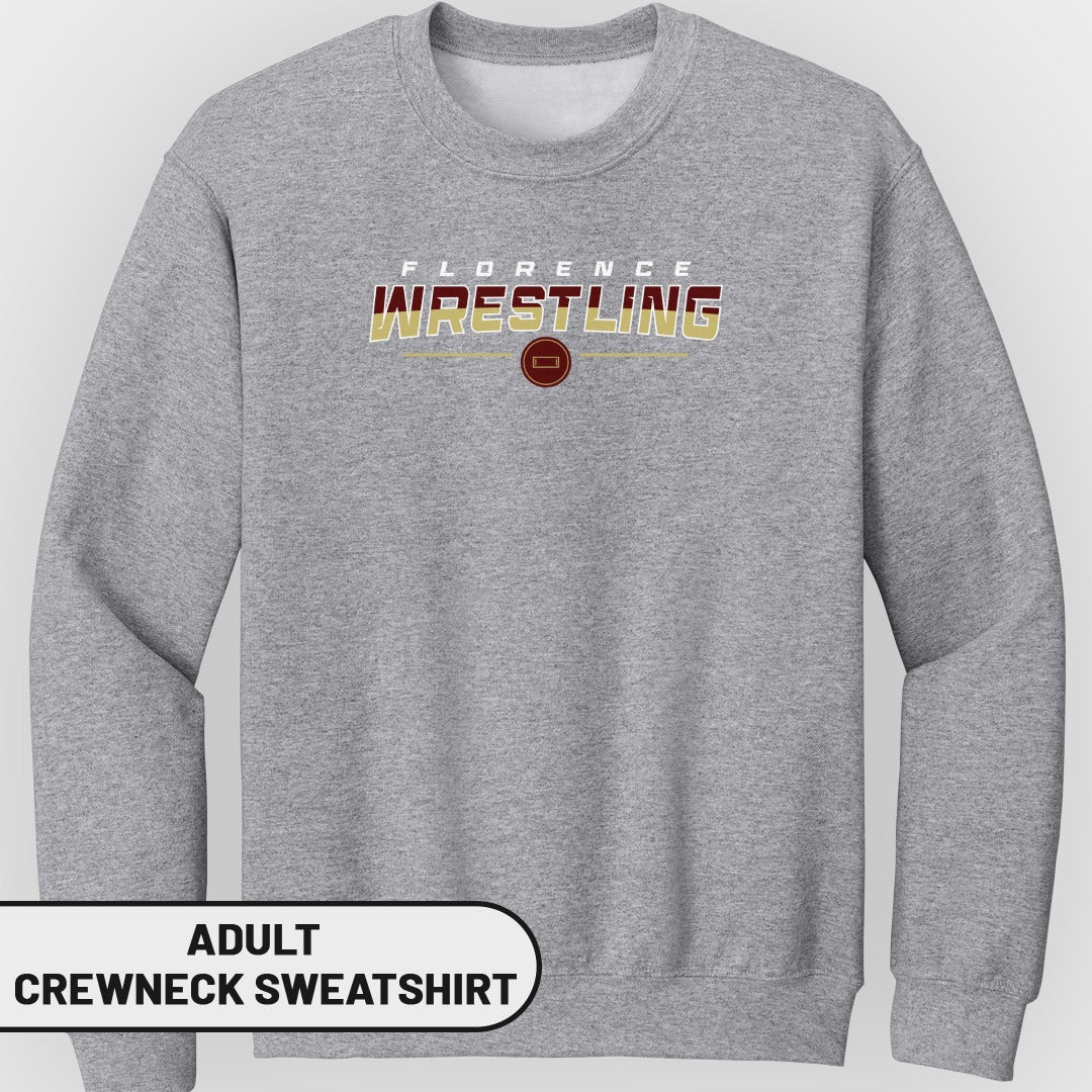 Grey adult crewneck sweatshirt with "Florence Wrestling" text and logo.