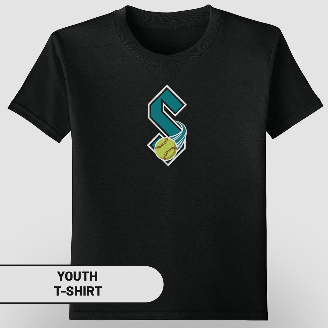 Black youth t-shirt with a stylized green 'S' logo and a yellow baseball.