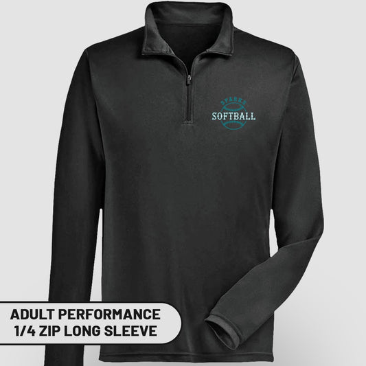 Black adult performance 1/4 zip long sleeve shirt with "Sparks Softball" logo.
