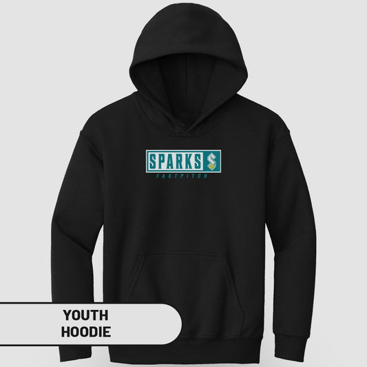 Black youth hoodie with "SPARKS FASTPITCH" logo.