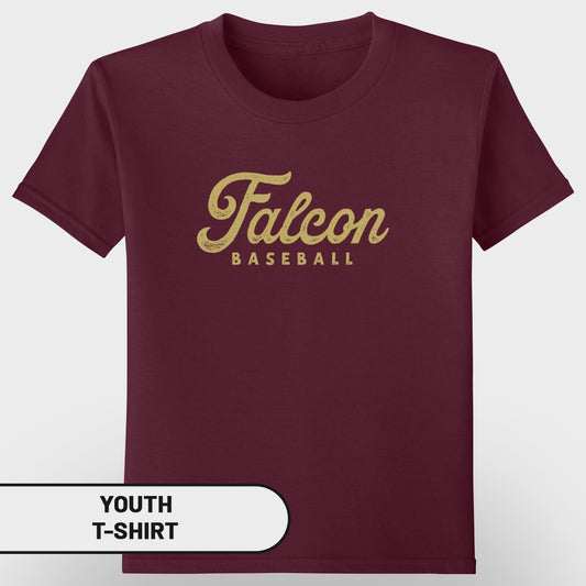 Maroon youth t-shirt with gold "Falcon BASEBALL" graphic.