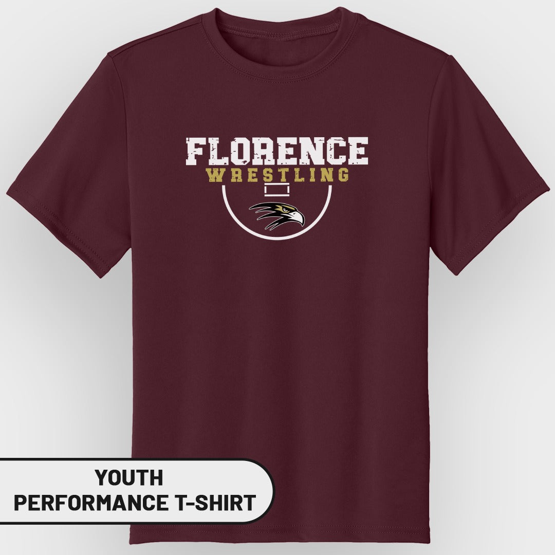 Maroon youth performance t-shirt with "Florence Wrestling" and eagle logo.