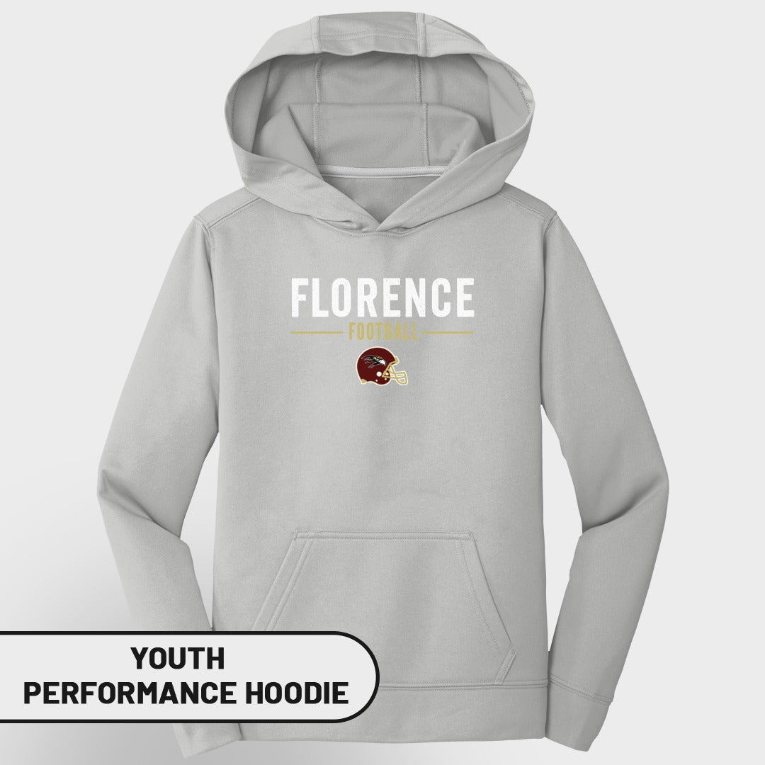Gray youth performance hoodie with Florence Football text and helmet graphic.