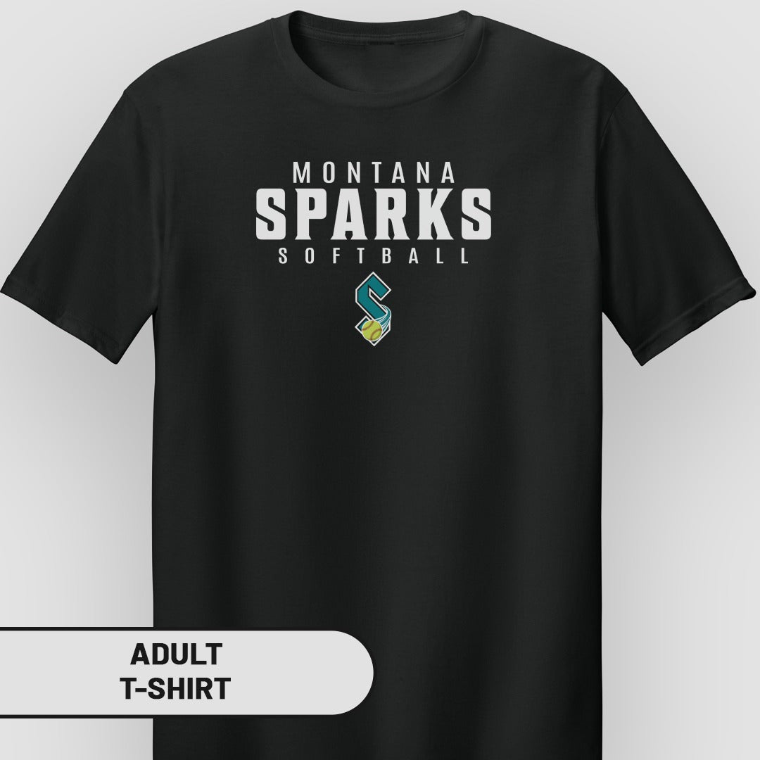Black t-shirt with Montana Sparks softball logo and text.