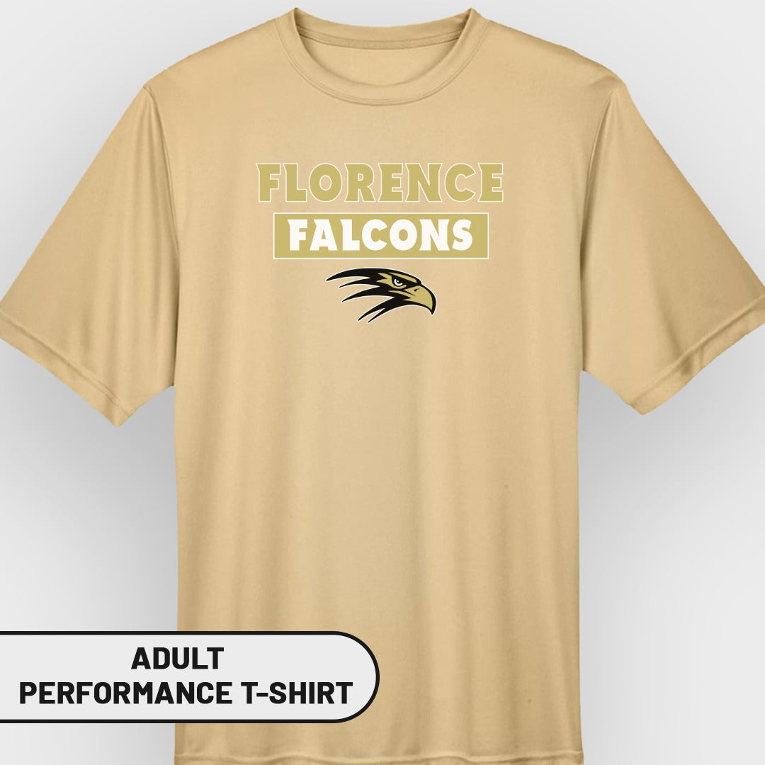 Tan adult performance t-shirt with Florence Falcons logo and eagle graphic.