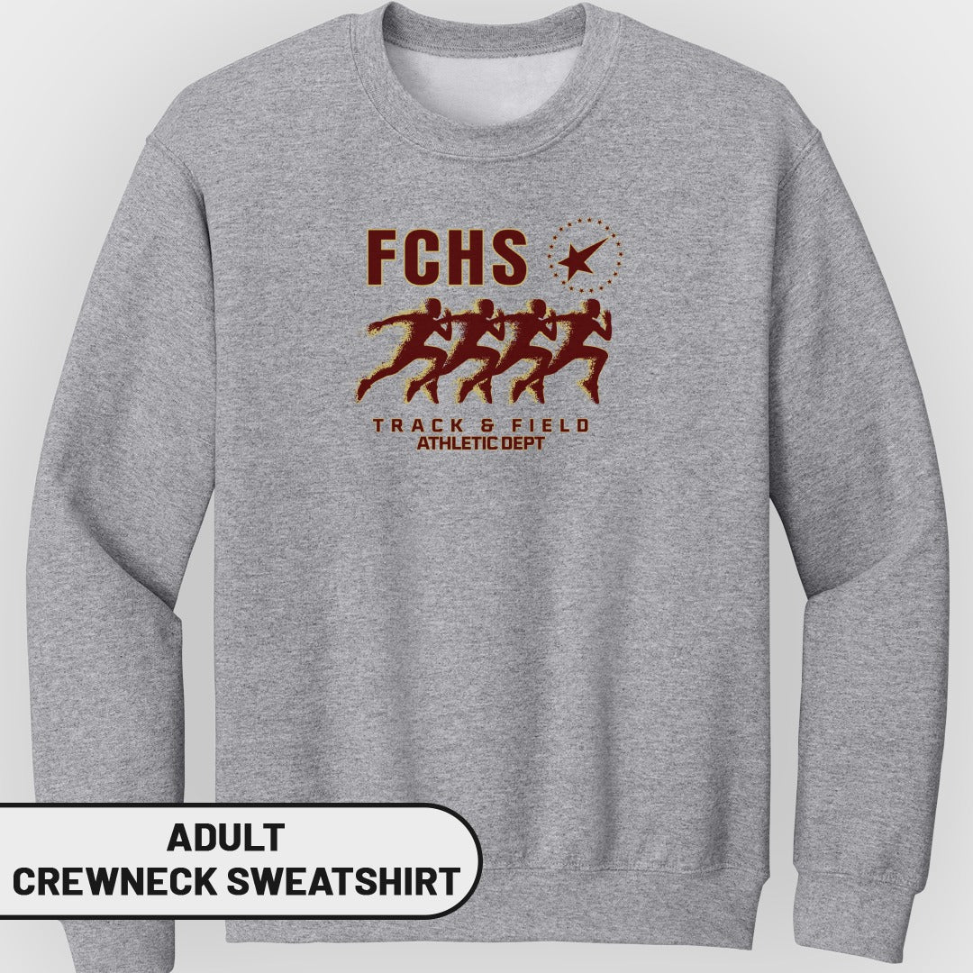 Grey crewneck sweatshirt with "FCHS Track & Field Athletic Dept" graphic.