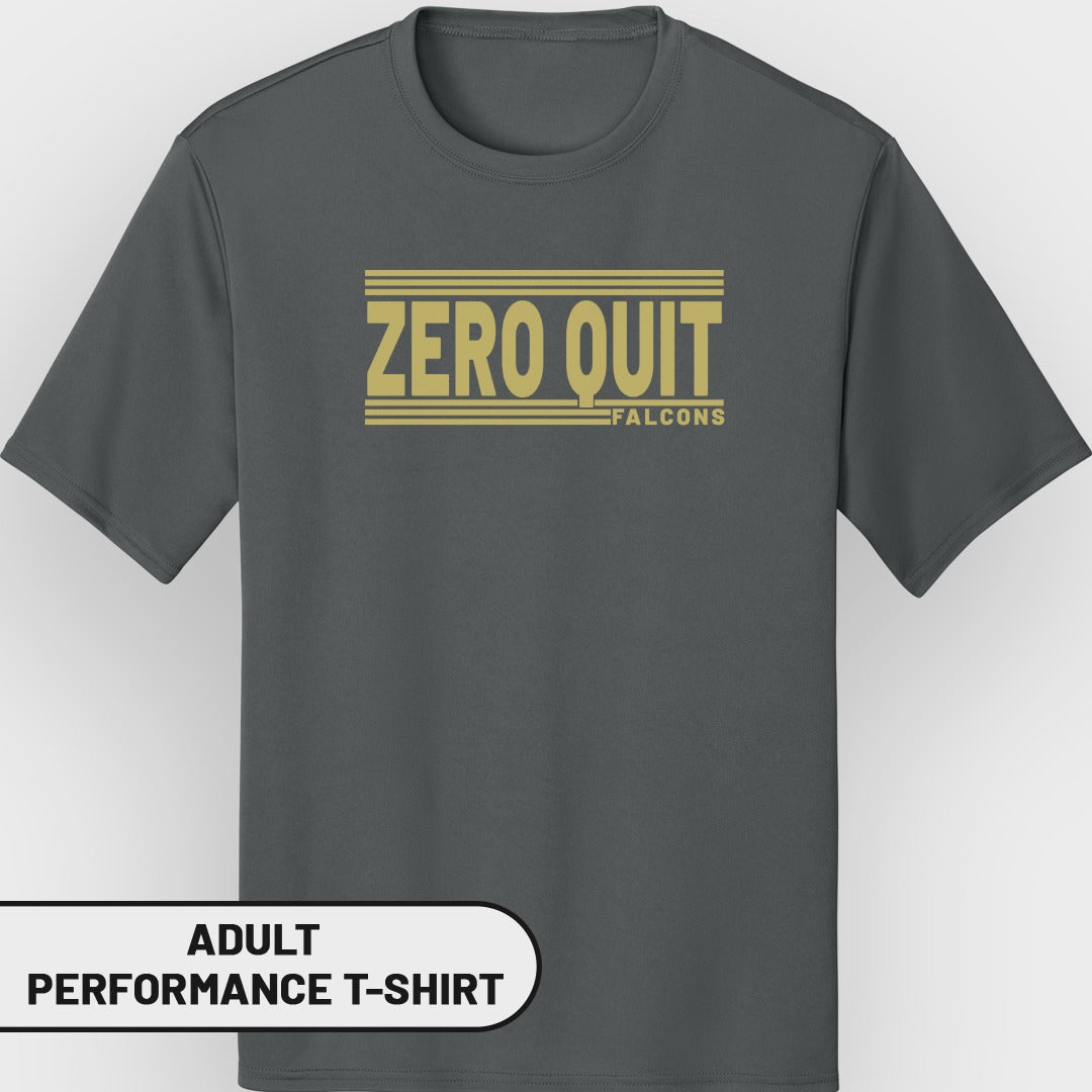 Gray adult performance t-shirt with gold "ZERO QUIT FALCONS" text.