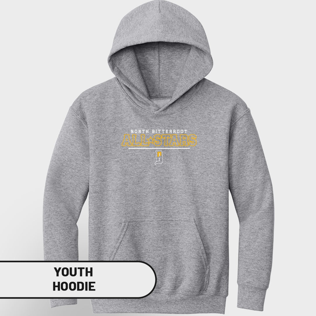 Gray youth hoodie with "North Bitterroot" text and a yellow emblem.