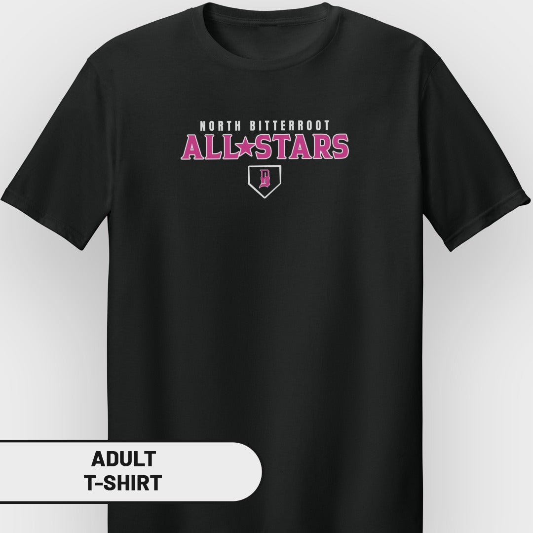 Black t-shirt with "North Bitterroot All Stars" logo in pink and white.