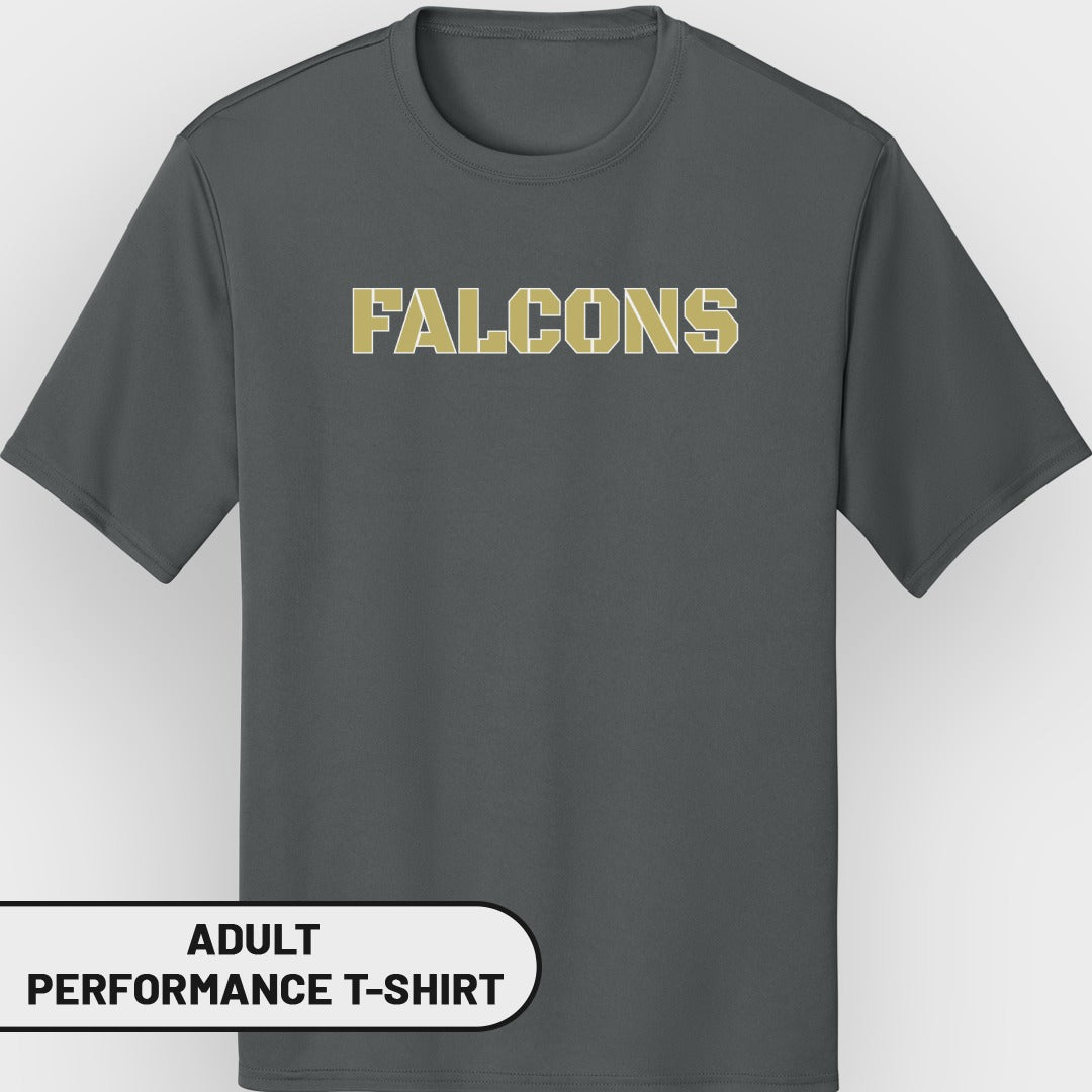 Adult performance t-shirt with "FALCONS" text in gold on a dark grey background.