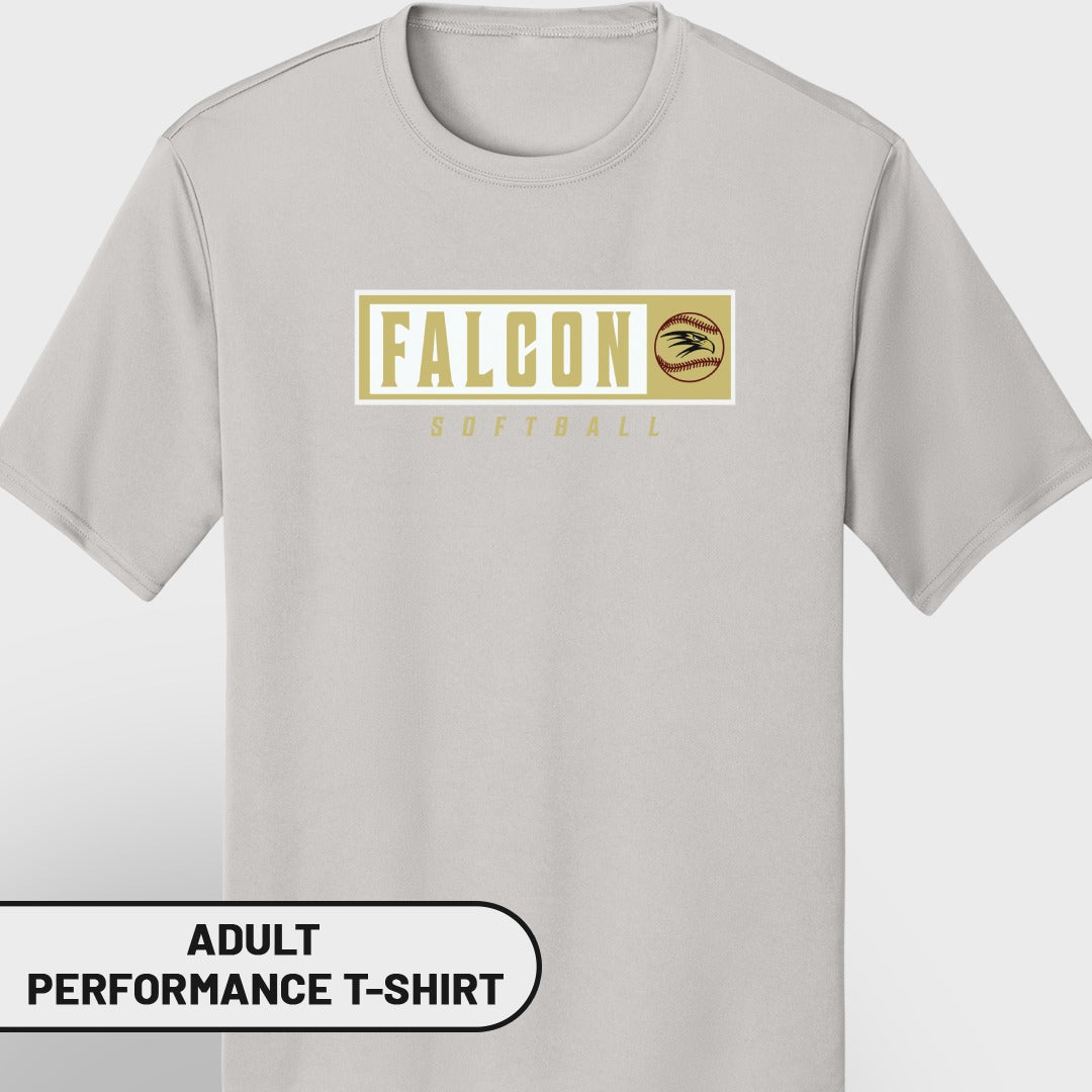Grey adult performance t-shirt with "FALCON SOFTBALL" and baseball logo.