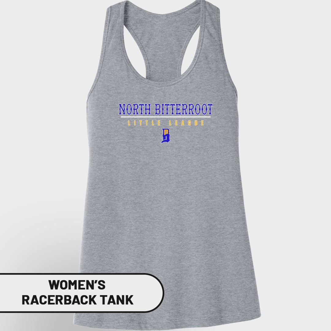 Women's grey North Bitterroot Little League racerback tank top.