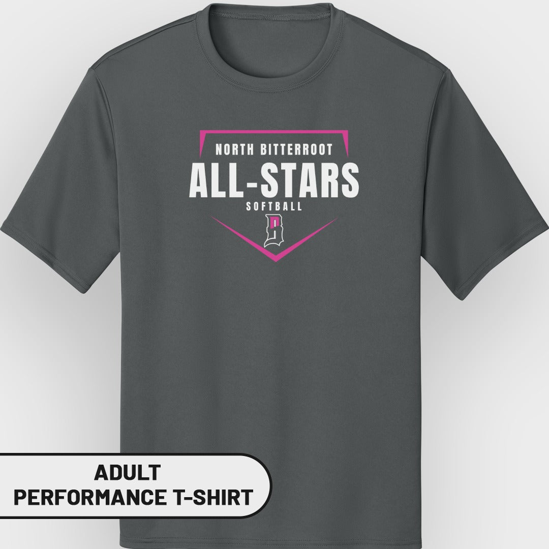 Gray adult performance t-shirt with "North Bitterroot All-Stars Softball" logo.