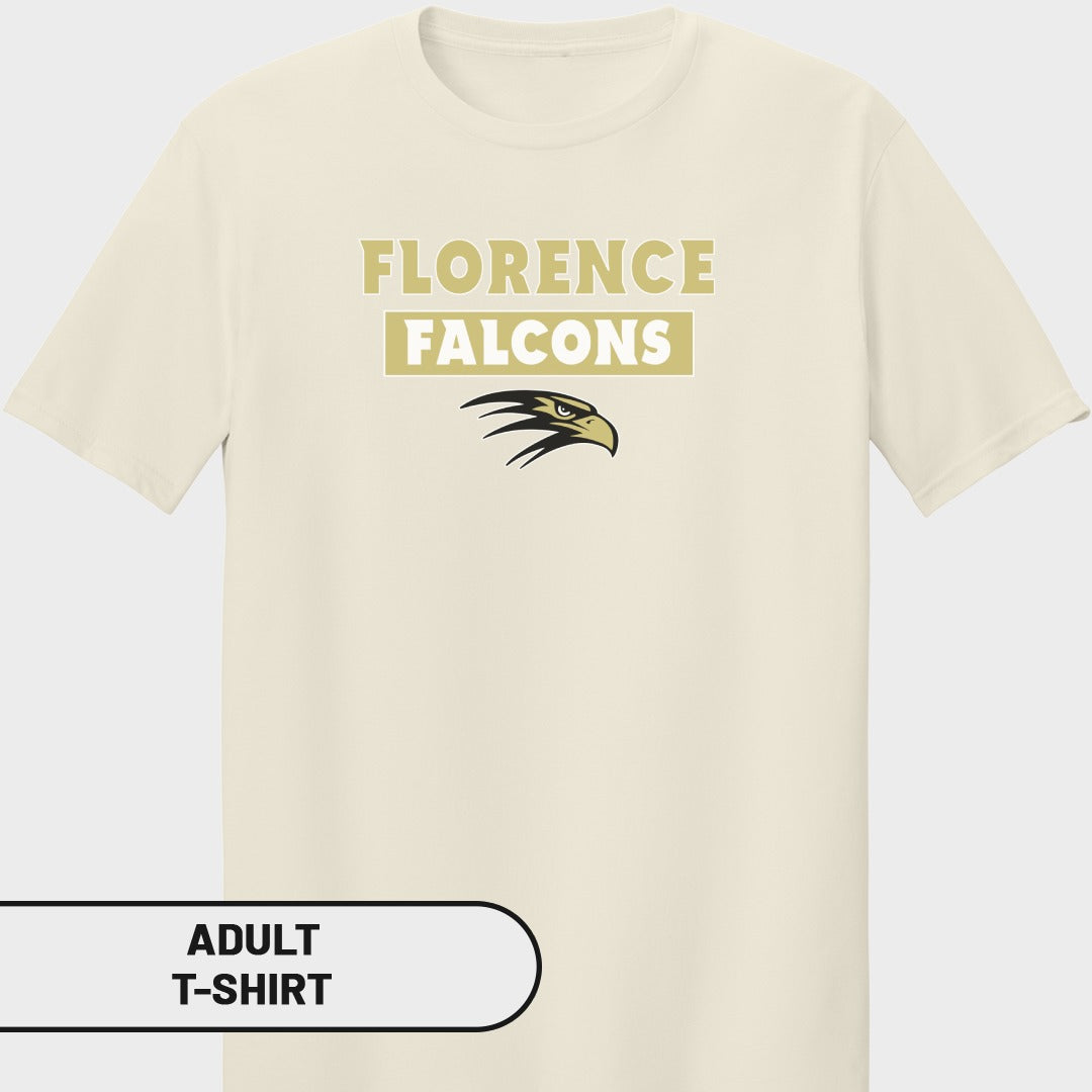 Cream adult t-shirt with "Florence Falcons" text and a falcon logo.