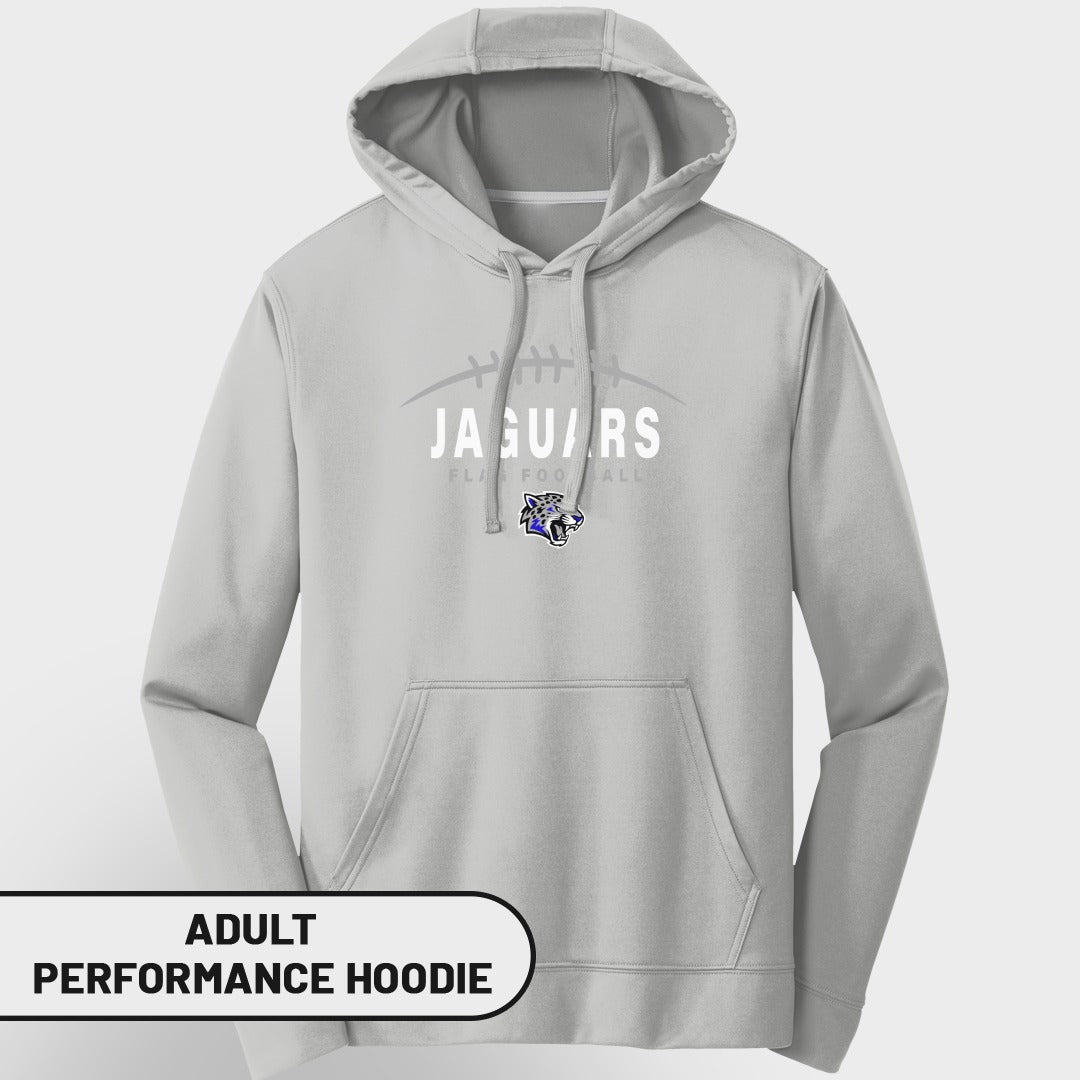 Adult performance hoodie with Jaguars football logo and text.