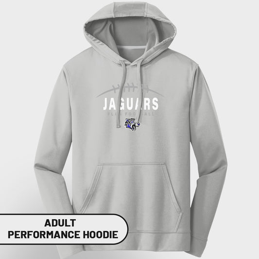 Adult performance hoodie with Jaguars football logo and text.