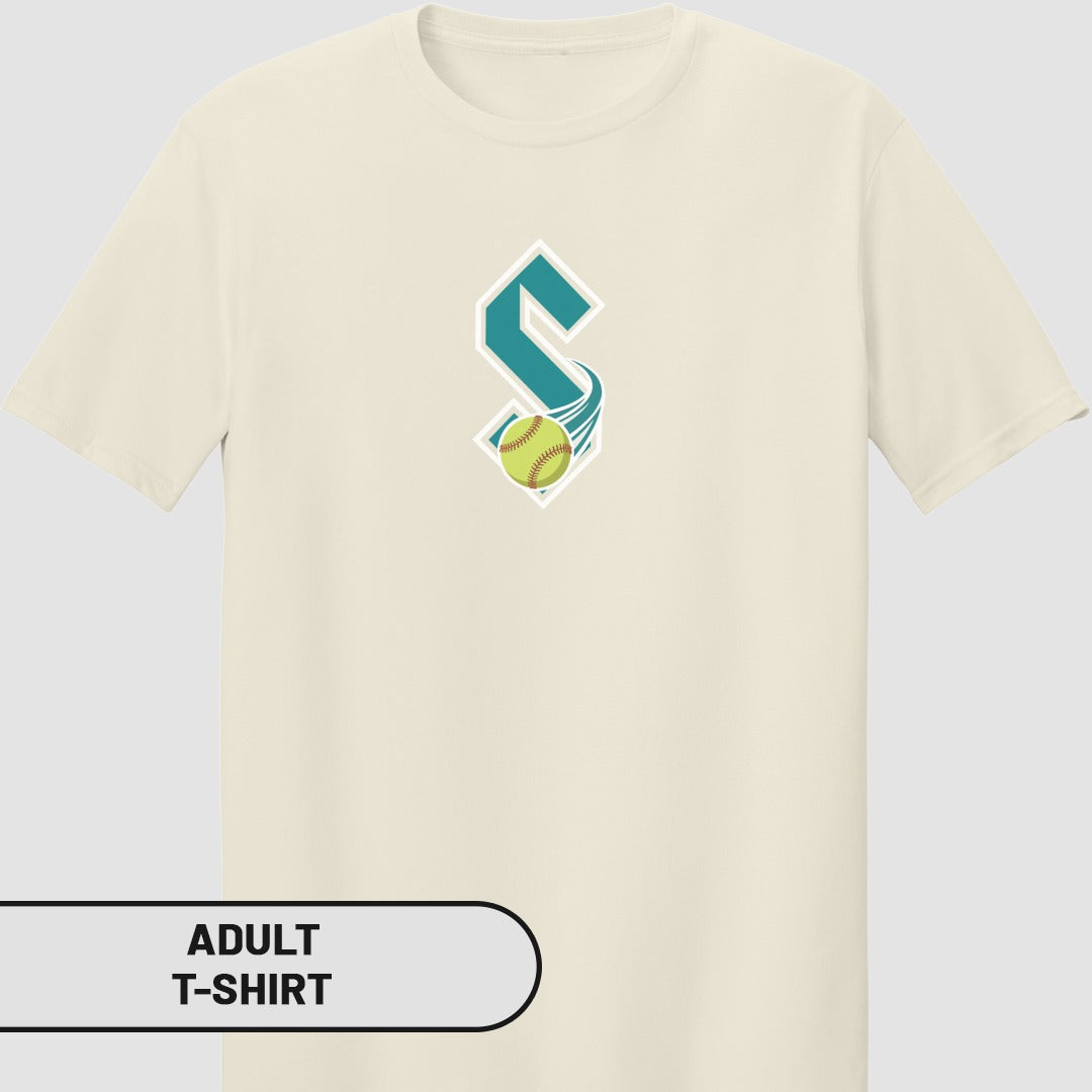 Cream t-shirt with a teal 'S' logo and softball.
