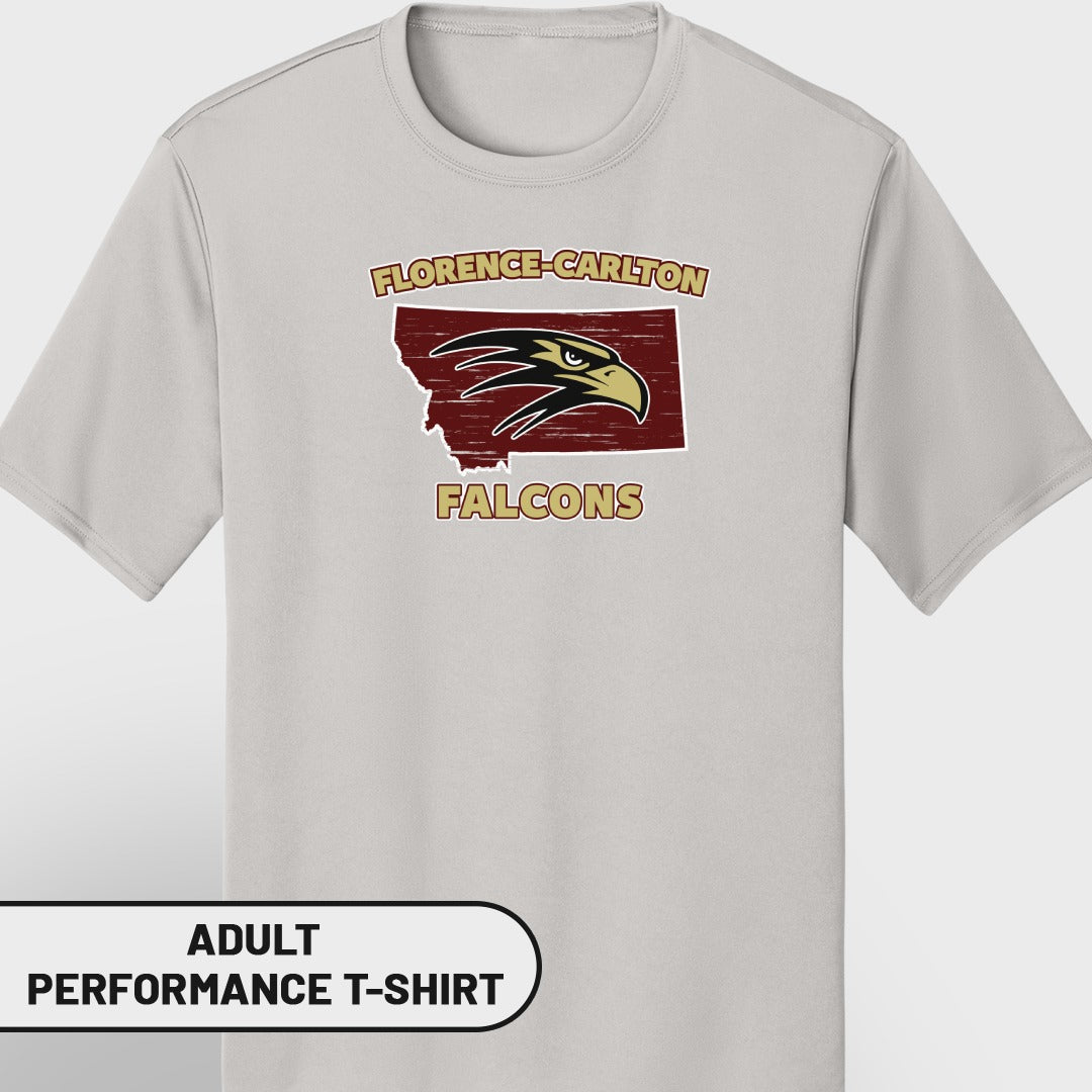 Gray adult performance t-shirt with Florence-Carlton Falcons logo on chest.