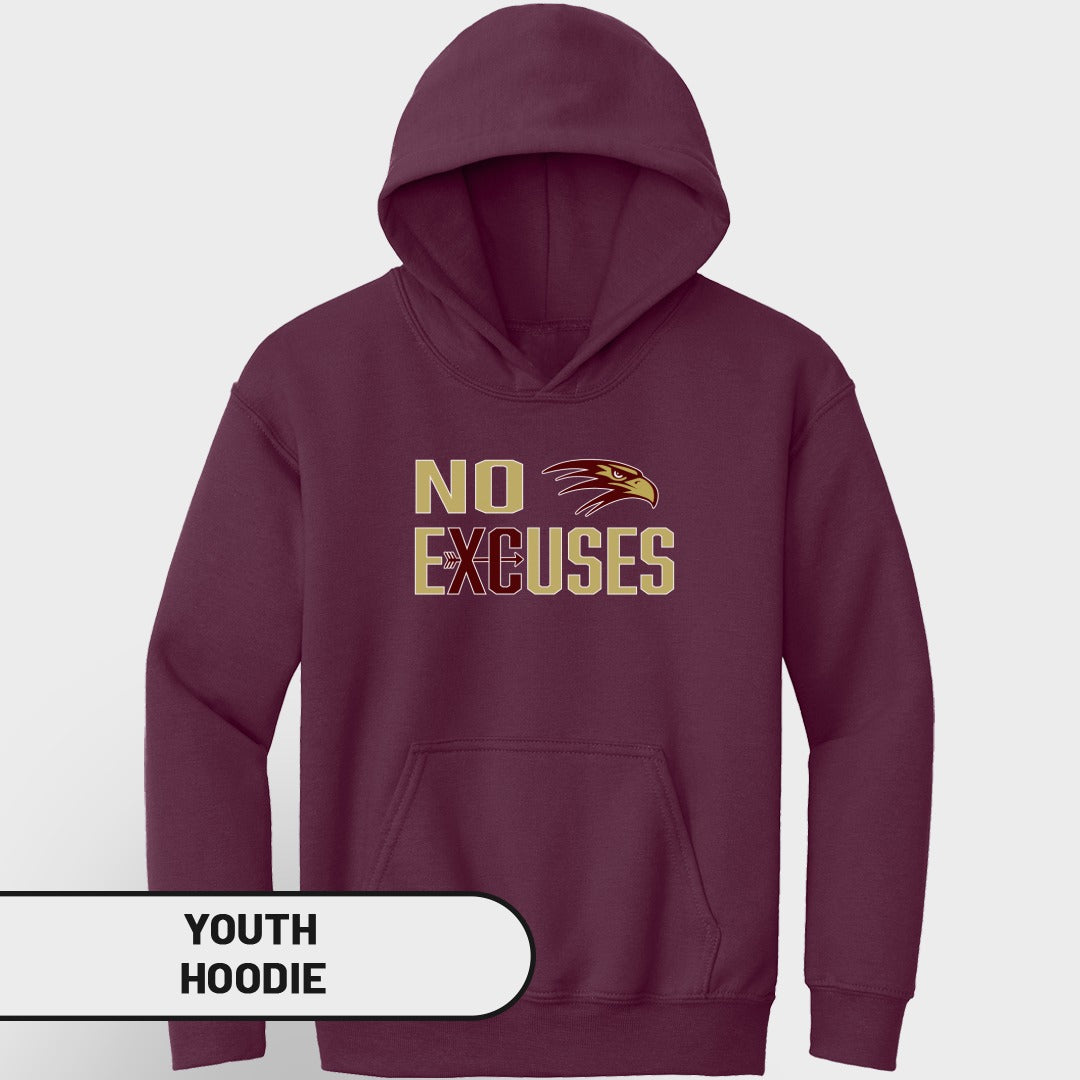 Maroon youth hoodie with "NO EXCUSES" text and hawk graphic.