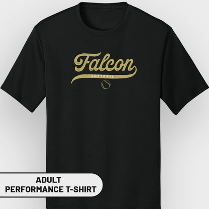 Black t-shirt with distressed gold "Falcon Softball" graphic and baseball icon.