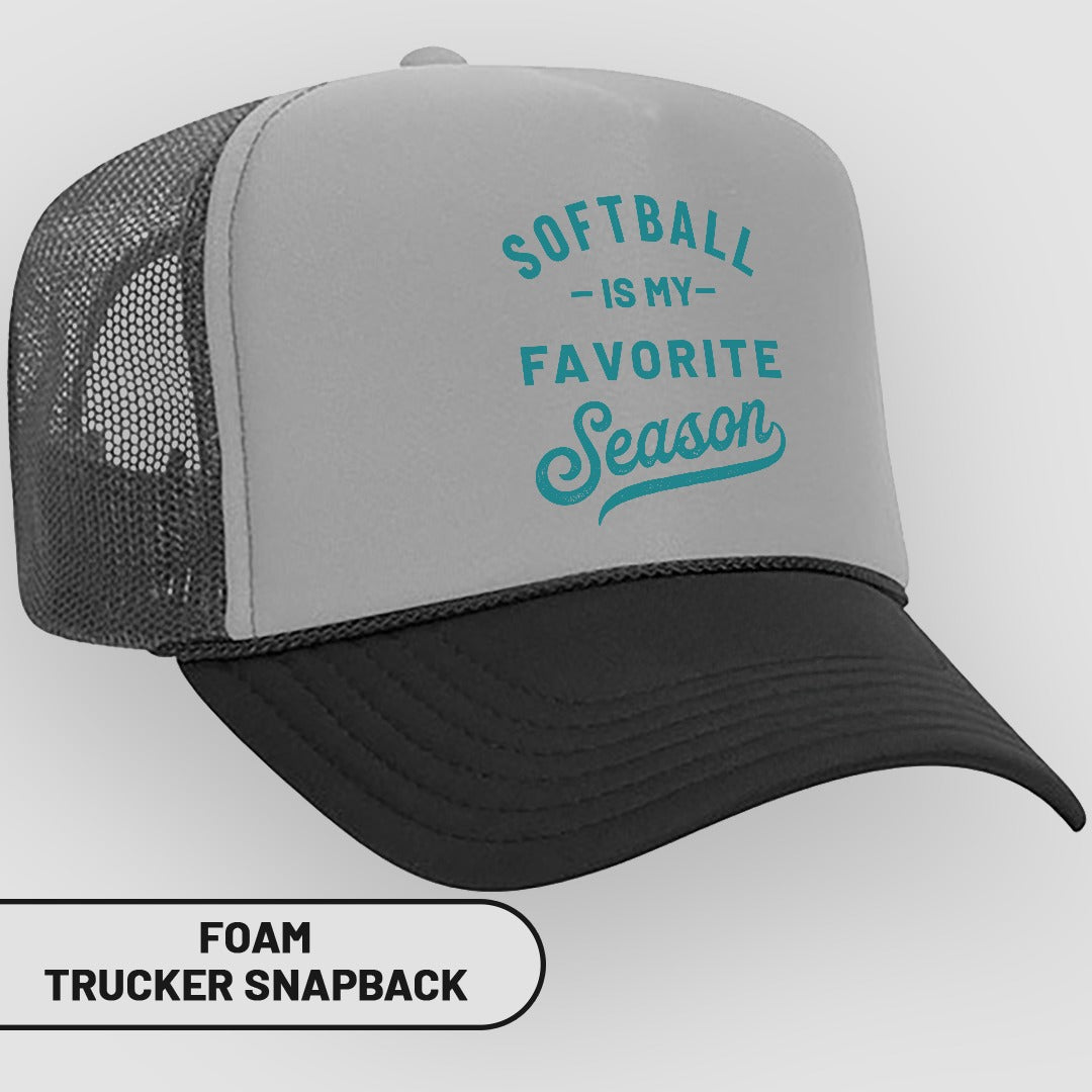 Gray and black foam trucker snapback hat with "Softball is my favorite season" text.