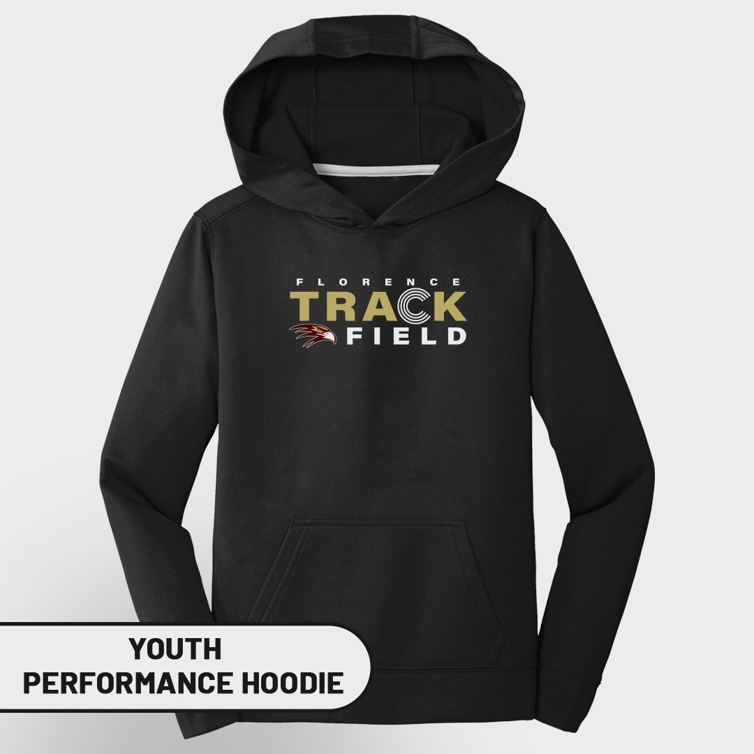 Black youth performance hoodie with "Florence Track Field" logo and eagle graphic.