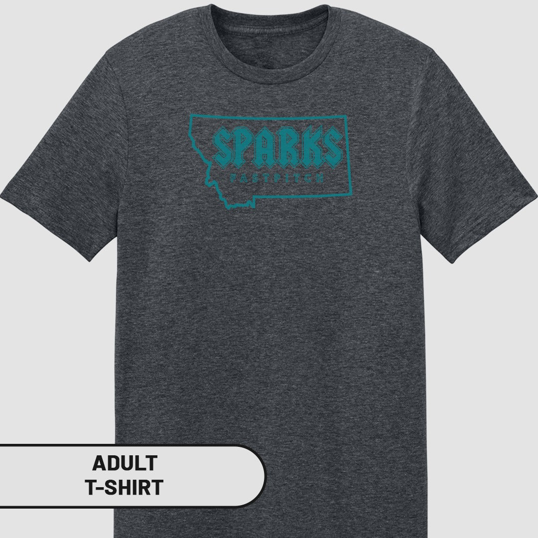 Dark gray adult t-shirt with teal "SPARKS" logo outline of Montana.