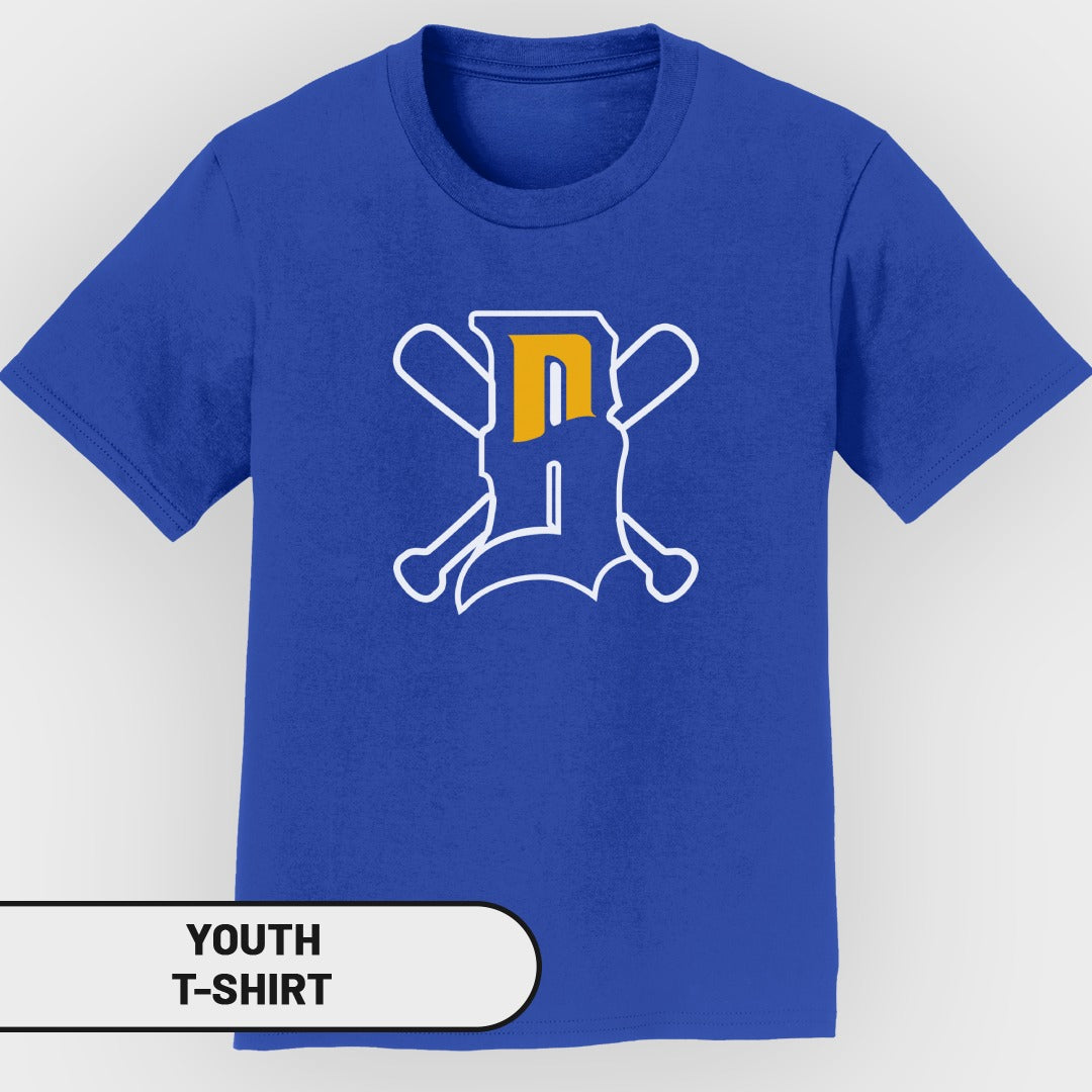 Royal blue youth t-shirt with white and yellow "D" baseball logo.
