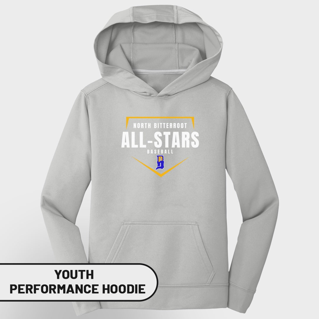 Youth North Bitterroot All-Stars baseball performance hoodie.