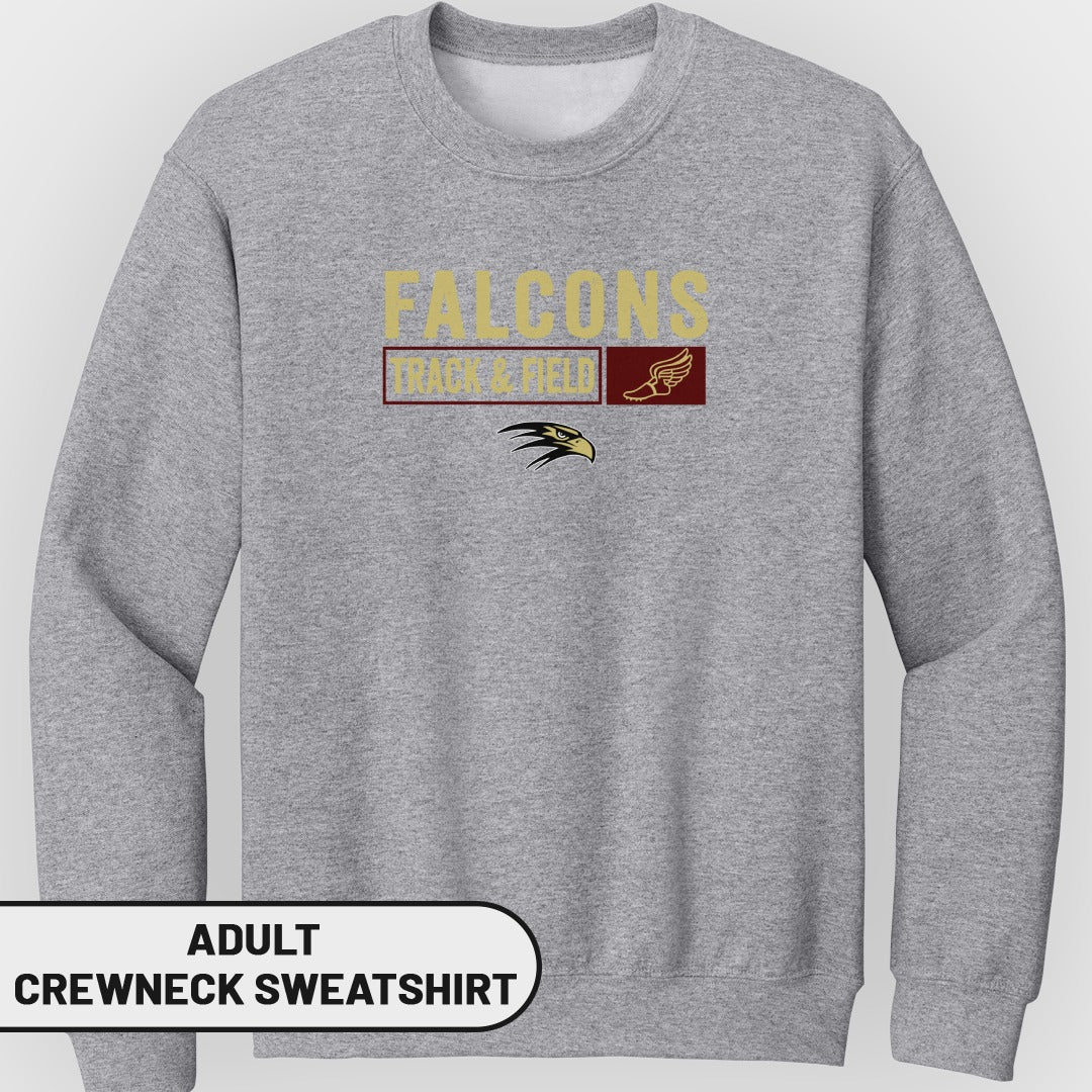 Grey adult crewneck sweatshirt with "Falcons Track & Field" and eagle logo.