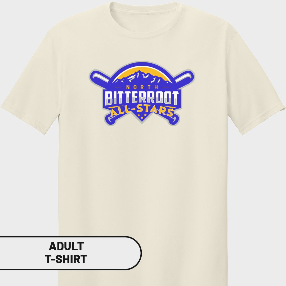 Cream t-shirt with "North Bitterroot All-Stars" baseball team logo.