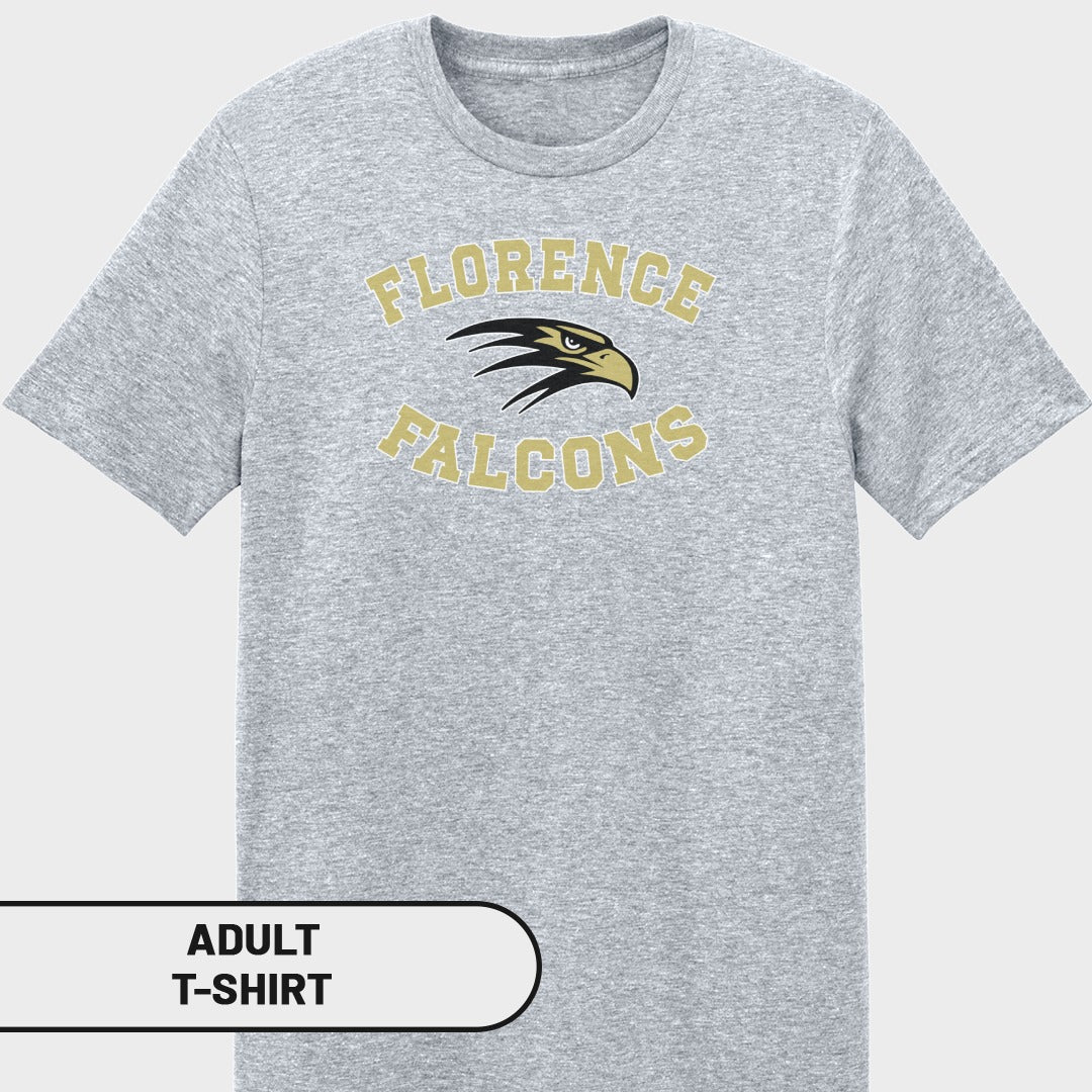 Grey adult t-shirt with "Florence Falcons" text and eagle logo.