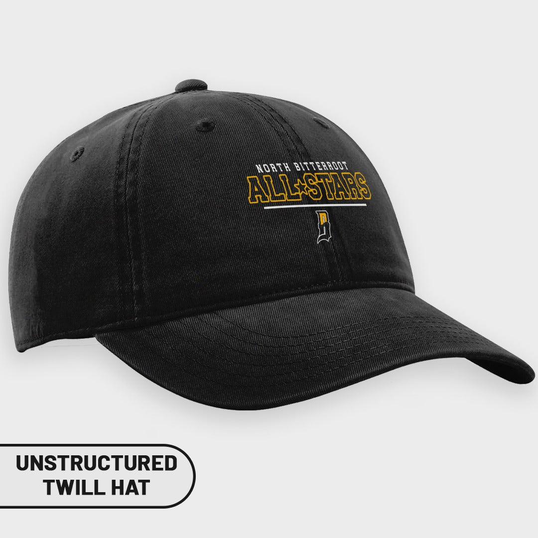 Black unstructured twill hat with "North Bitterroot All-Stars" embroidered in yellow.
