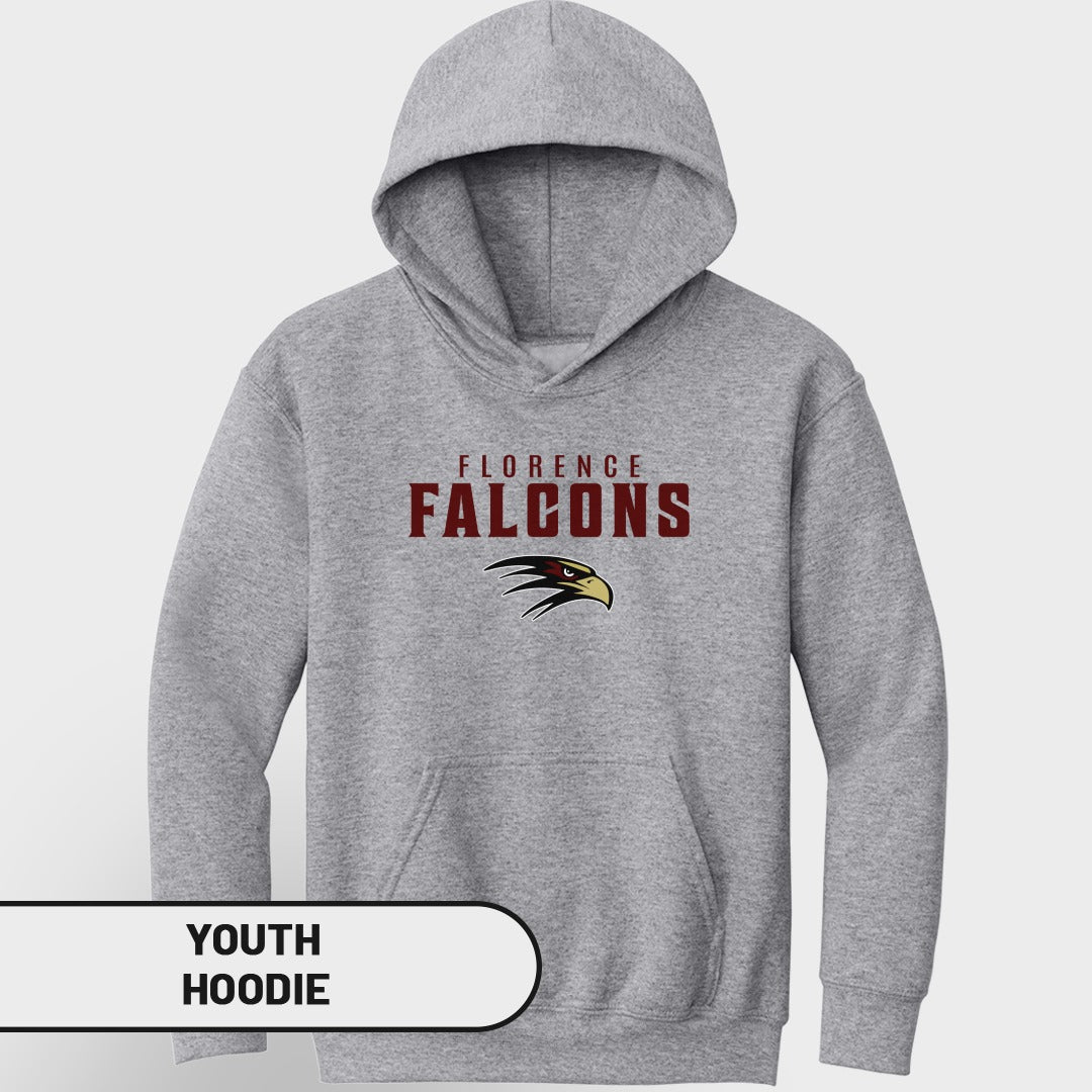 Grey youth hoodie with "Florence Falcons" text and falcon logo.
