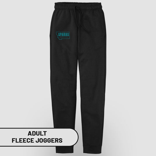 Black fleece joggers with a "Sparks Flyfish" logo on the left hip.