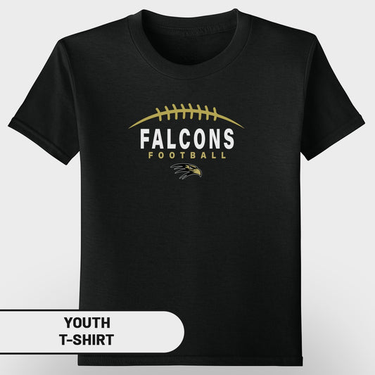 Black youth t-shirt with "FALCONS FOOTBALL" and eagle graphic.