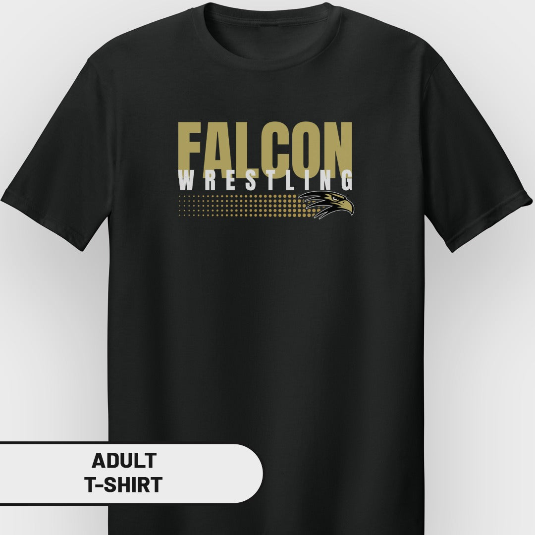 Black adult t-shirt with "Falcon Wrestling" text and eagle graphic.